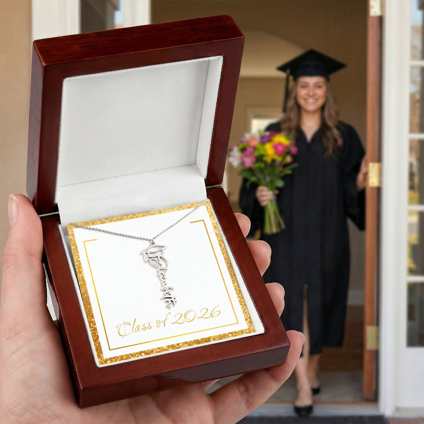Gold Border Class of 2026 Name Necklace