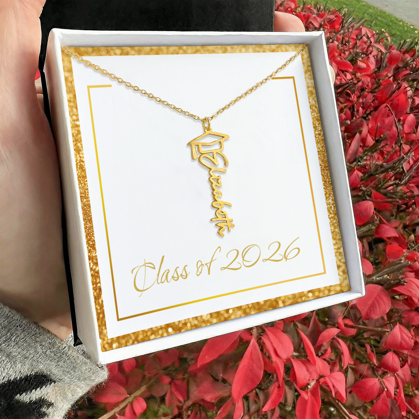 Gold Border Class of 2026 Name Necklace
