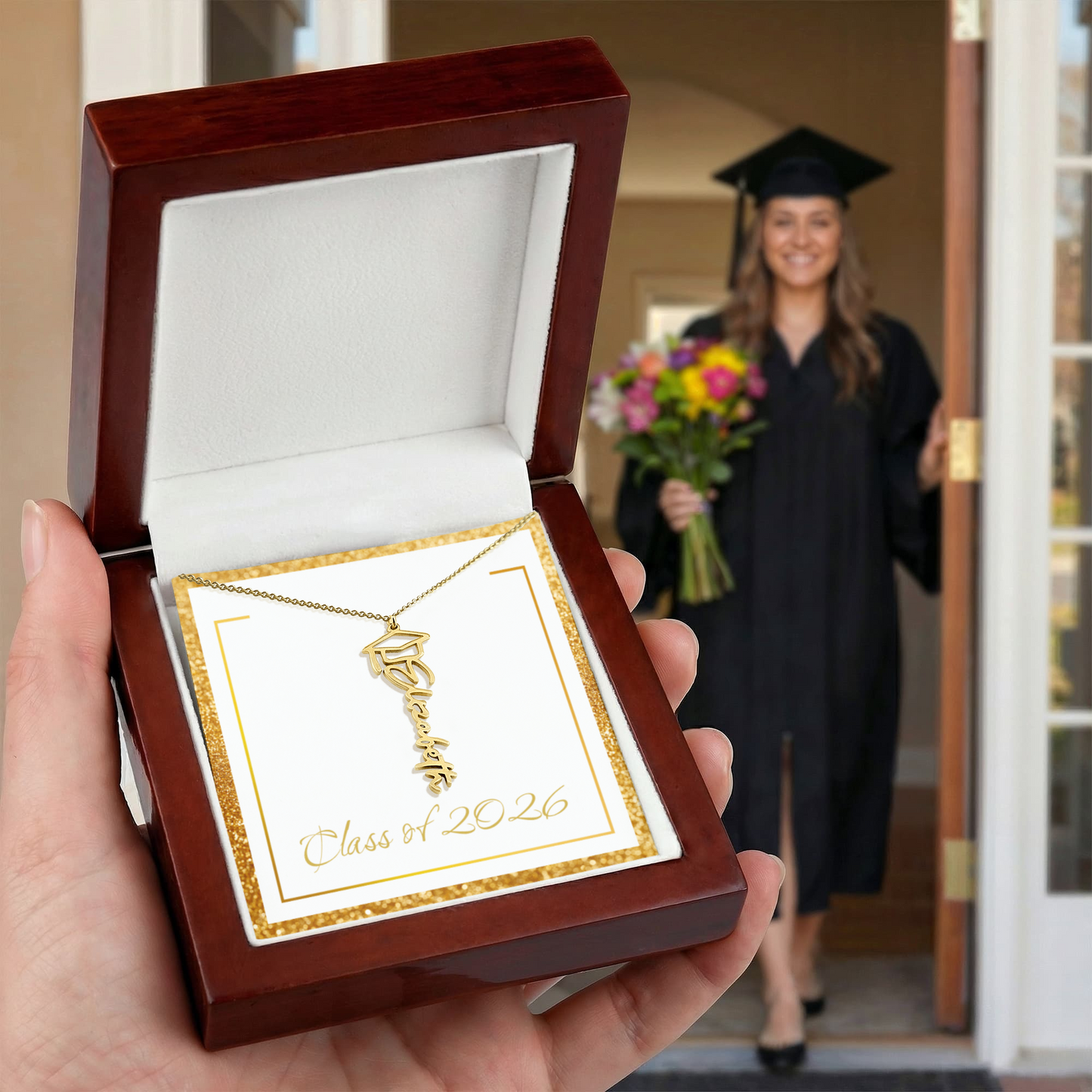 Gold Border Class of 2026 Name Necklace