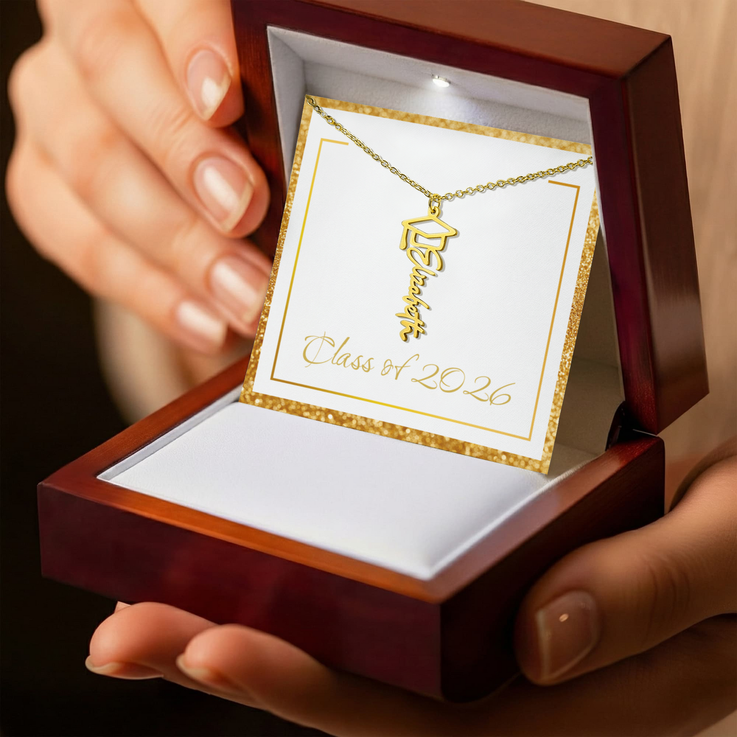 Gold Border Class of 2026 Name Necklace