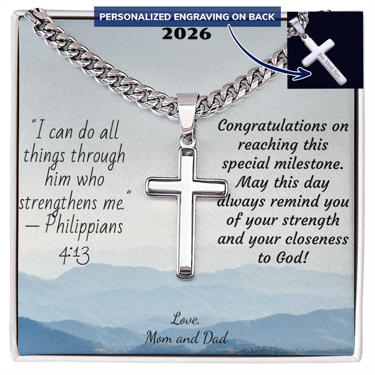 Personalized Cross with Cuban Link Chain For Confirmation, First Communion